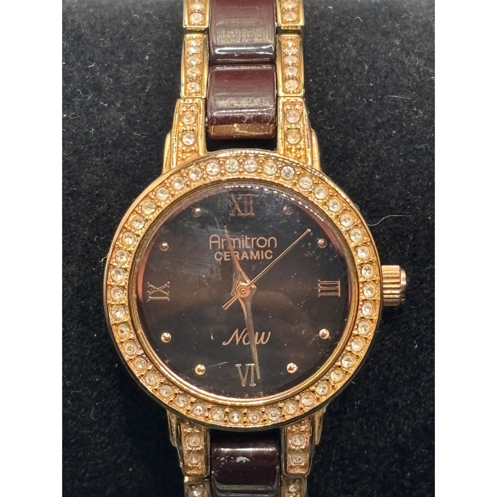 Armitron NOW Ceramic Women's Watch Gold Tone Crystal Accents Brown New Battery